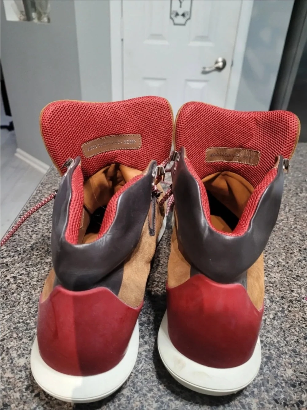 Men's Brown Ballys Suede High-Top Sneakers with Red Accents